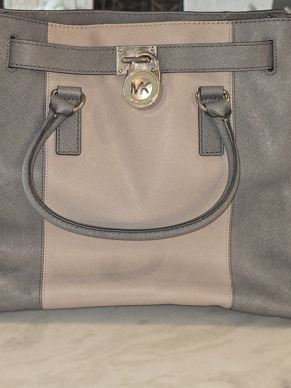 Michael Kors Gray and Cream Saffiano Leather Tote with Gold MK Lock